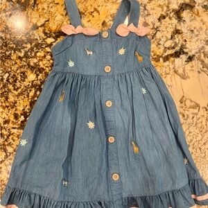 Good Lad Blue Denim Embroidered Animal Sundress with Pink Bow Straps